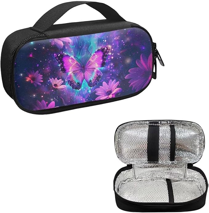 Purple Butterfly Flower Insulin Pen Cooler Travel Case Lightweight Glucose Meter and Diabetic Medication Cooler Storage Bag for Daily Life & Trip