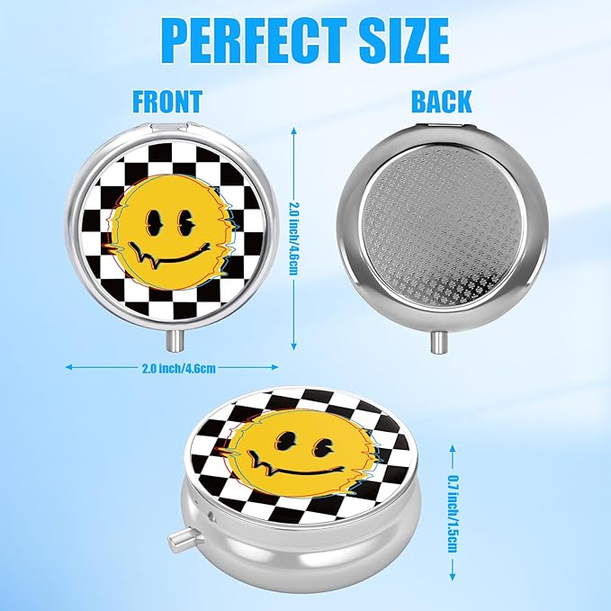 Smiley Face Pill Case, Black White Grid Pill Box 3 Compartments Metal Small Pill Holder with Mirror Mini Travel Pill Container for Purse Pocket Women Men