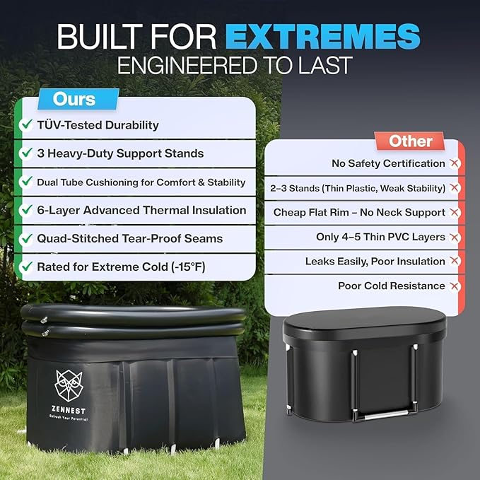 Upgraded XXL 150 Gal Oval Ice Bath Tub With Cover - Portable Cold Plunge Tub For Athletes, Ultra-firm 6-layer Insulated Inflatable Ice Tubs & Bathtub For Adults with Dual-tube Comfort Rim
