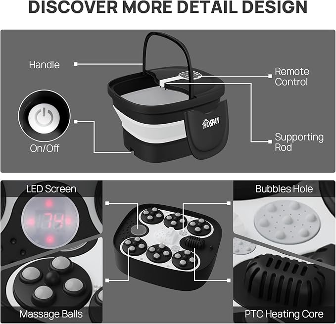HOSPAN Collapsible Foot Spa Electric Rotary Massage, Foot Bath with Heat, Bubble, Remote, and 24 Motorized Shiatsu Massage Balls. Pedicure Foot Spa for Feet Stress Relief - FS02A