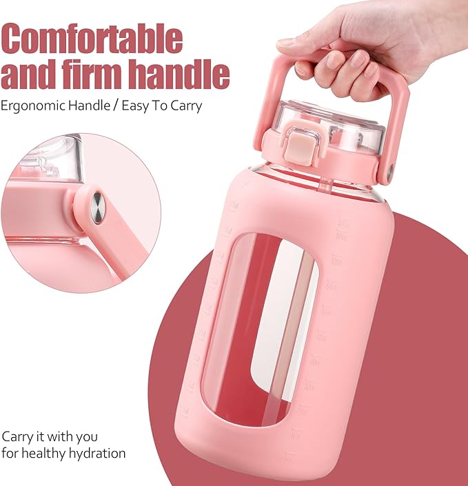 BLUEGO 84oz Glass Water Bottle with Straw and Handle, Large Water Bottle with Sip & Chug Lid, 2.5L Water Jug Silicone Sleeve with Time, Full Day Drinking Bottle for Sports BPA Free, Pink