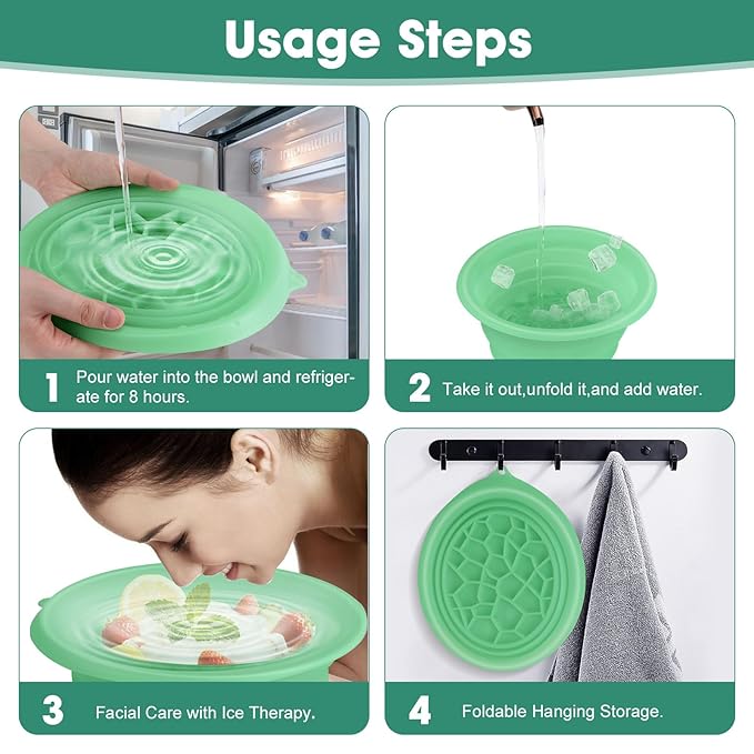 Face Bowl for Ice With Built-in Ice Tray Collapsible Silicone Facial Face Ice Bath Bowl Small Reusable Cold Plunge Basin is Portable,Perfect for Home Use,Camping,Travel Cold Bath Spa Tool & Green
