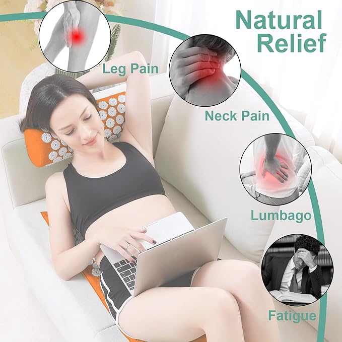 Acupressure Mat and Pillow Set with Bag - Extra Long Acupuncture Mat for Neck & Back Pain Relief- Naturally Relaxation Gift for Women - Stress Relief Massage Mat (Orange)