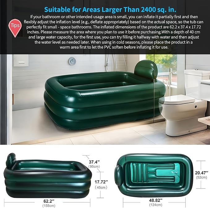 Portable Bathtub for adults with Cover,Inflatable bath tub for ice bath,Large Oval Ice Bath with pillow, 62.2x37.4x17.72in,Includes Pump, EasyInflate & Drain,Green