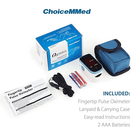 CHOICEMMED Finger Pulse Oximeter - Blue Blood Oxygen Monitor with Batteries - Portable O2 Saturation Sensor in Carry Pouch
