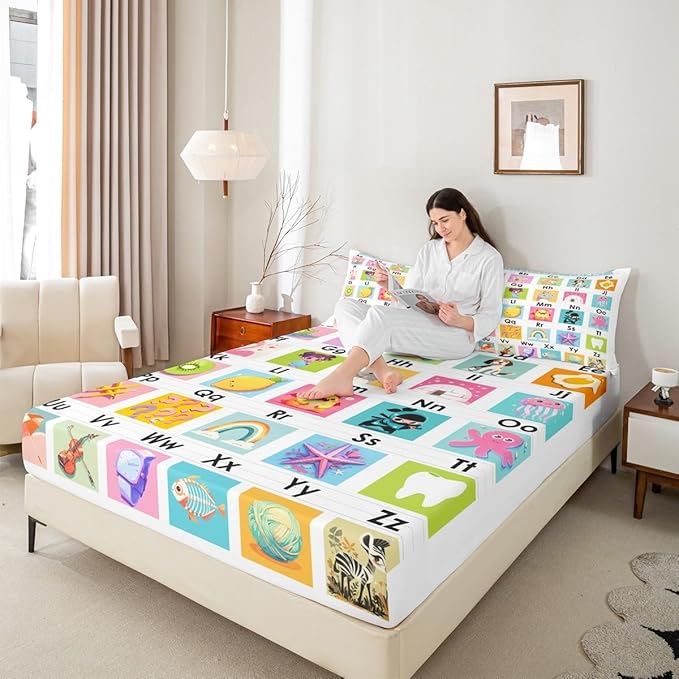 Feelyou Kids ABC Chart Bedding Set Full Size, Educational Bed Sheet Set Boys Girls Preschool Fitted Sheet Learning Teens Bedroom Decor Bed Set 3Pcs (No Flat Sheet)