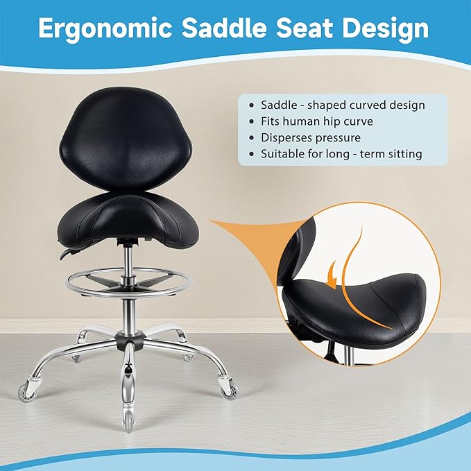 Saddle Stool with Wheels,Ergonomic Swivel Rolling Height Adjustable for Salon Beauty Clinic Dentist Tattoo Home Office（Black）