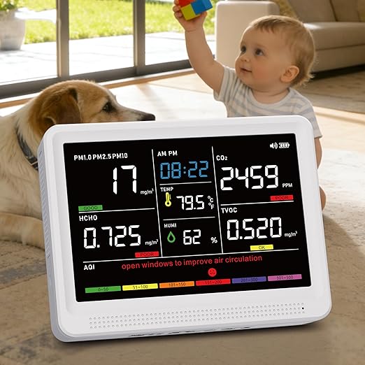 Upgrade 16 in 1 Air Quality Monitor Indoor 15h Battery & 5.5" Display 9 AQI+7 AQI Alerts, CO2 Monitor Air Quality Tester for CO2, TVOC, PM2.5 PM1.0 PM10, HCHO Temperature Humidity AQI & Time Air Meter