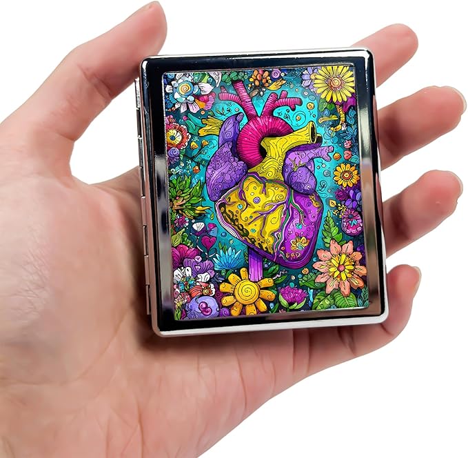 Metal Pill Organizer Box with Mirror – 8 Compartment Chrome Pill Case, Pocket-Size Travel Pill Container for Vitamins, Seniors, Daily Use (Floral Anatomy of The Heart)