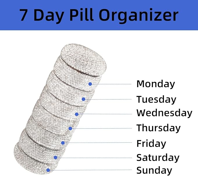 Pill Organizer Travel Medicine Supplement Organizer Weekly Pill Box 7 Day Daily Vitamin Cases Portable Stackable Pill Caddy for Women(Silver)