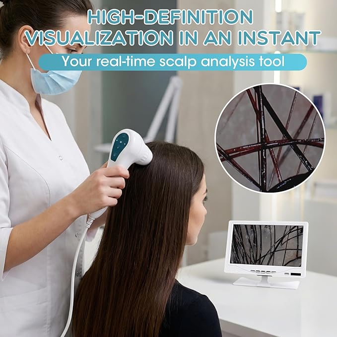 7 Inch Scalp & Skin Analysis Microscope, 50X/200X Dual Lens HD Camera with 4-Split View & 16GB USB, Portable Scalp Camera for Personal Hair Care, Home Use and Mobile Salon Services