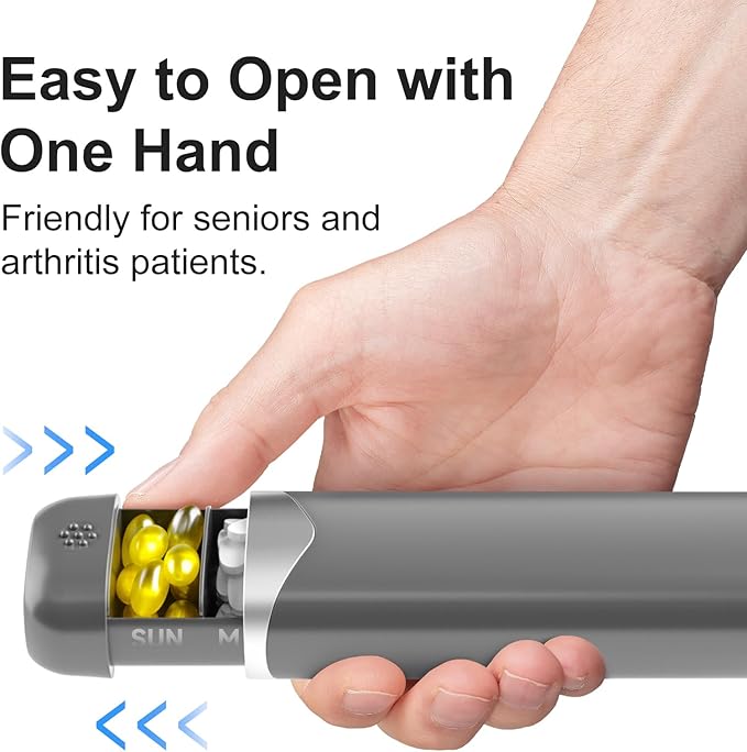 Pill Organizer, Weekly Pill Organizer 7 Day, Daily Pill Box, Pill Case, Pill Container, Weekly Pill Organizer 1 Time a Day, Portable Travel Pill Box for Vitamin, Fish Oil, Medicine (Grey&Silver)