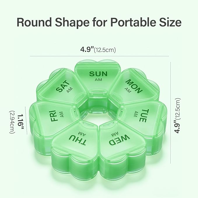 Weekly Pill Organizer, 7 Day AM/PM Pill Box with 14 Compartments, 2 Times a Day Travel Pill Case for Vitamins, Medicine, Fish Oil & Supplements (Green)