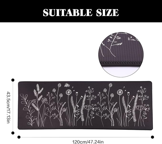 Mirok Washable Anti Fatigue Mat for Cushioned Floor Mat,Floral Plants Bee Non-Skid Ergonomic Comfort Foam Rugs,Non Slip Kitchen Rug(Flowers/Grass,17"x47")