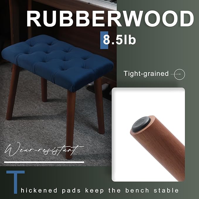 AKLOT Velvet Upholstered Piano Bench: Rubberwood Legs with 300-Pound Load Capacity, Ergonomically Set Seat Height, Easy Assembly, Purpose Keyboard Stool for Vanity, Bedroom & Living Room (Dark Blue)
