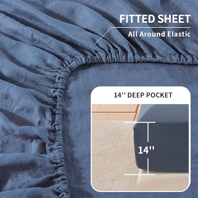 Simple&Opulence Belgian Linen Sheet Set Solid Color - 3 Pieces (1 Flat Sheet, 1 Fitted Sheet & 1 Pillowcase) Natural Flax Cotton Blend Soft Breathable Farmhouse Bedding - Twin Size, Classic Blue