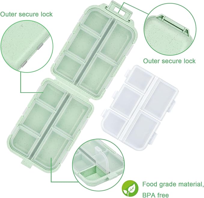 Travel Pill Organizer with Medicine Labels, 10 Compartments Travel Medicine Organizer Daily Small Pill Container Travel Pill Box Purse Pill Case (Green, 189 Lables)