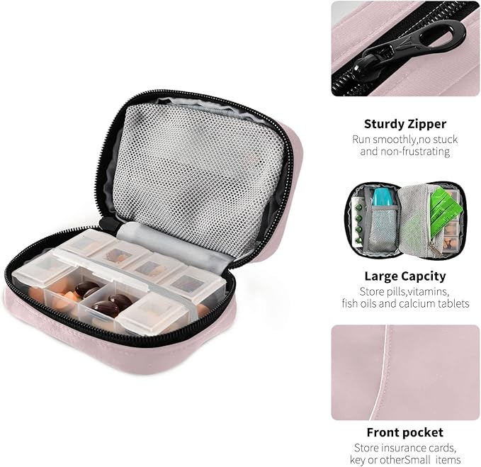 Pill Box 7 Day Case Travel Organizer Bag with Zipper Portable Weekly Compact Size for Vitamin Supplement Holder, Solid Color Light Pink, 4.6 x 3.14 x 1.88 Inch, 1.0 Count, 0.12 kilograms