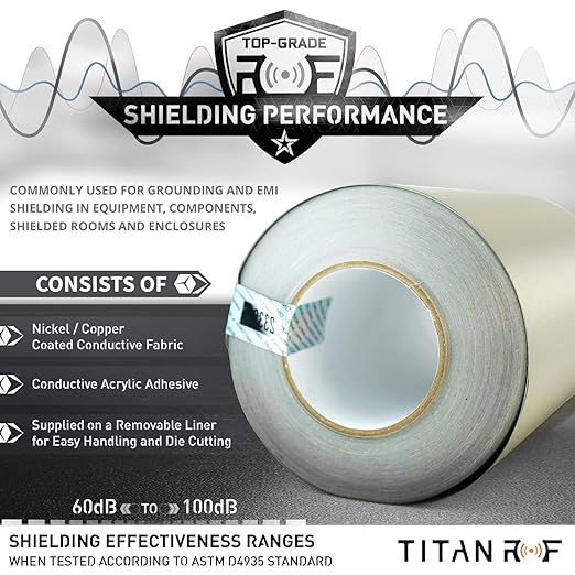 Mission Darkness TitanRF Faraday Tape // 6in W x 164ft L (15.24cm x 50m) High-Shielding Conductive Adhesive Tape Roll Used to Connect TitanRF Fabric Sheets or Seal RF Enclosures