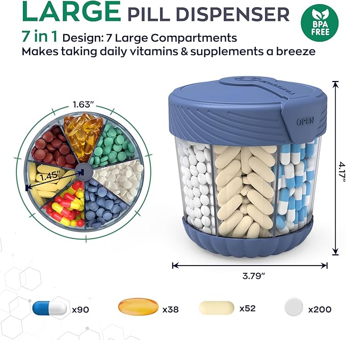 Large Pill Dispenser with 7 Compartments, Portable Pill Bottle Organizer for Travel, Anti-Mix Supplement Organizer Easy Twist Wide-Opening, BPA-Free Pill Box Container with 20Pcs Labels,Blue