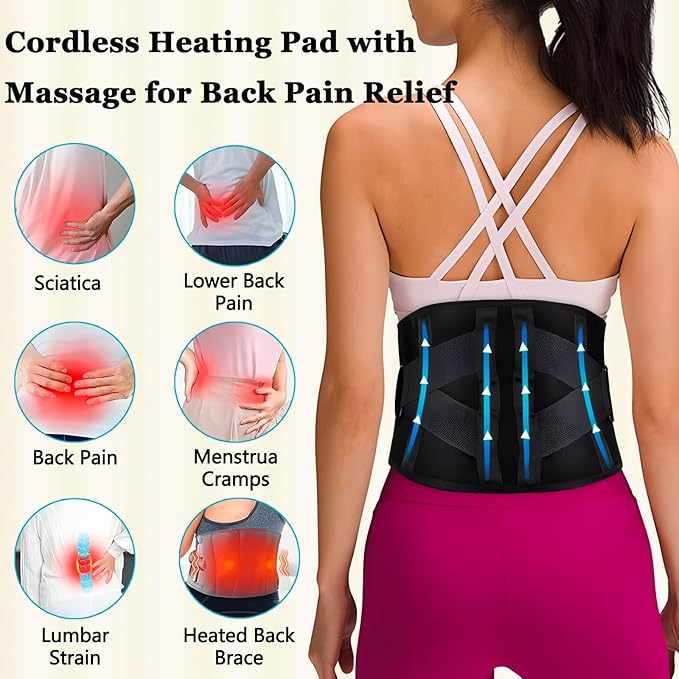 Cordless Heating Pad with Massager, Back Brace Heating Pad for Back Pain Relief, Heated Back Support Belt with 3 Heating & Vibration Modes, Rechargeable Low Back Massager for Women Men