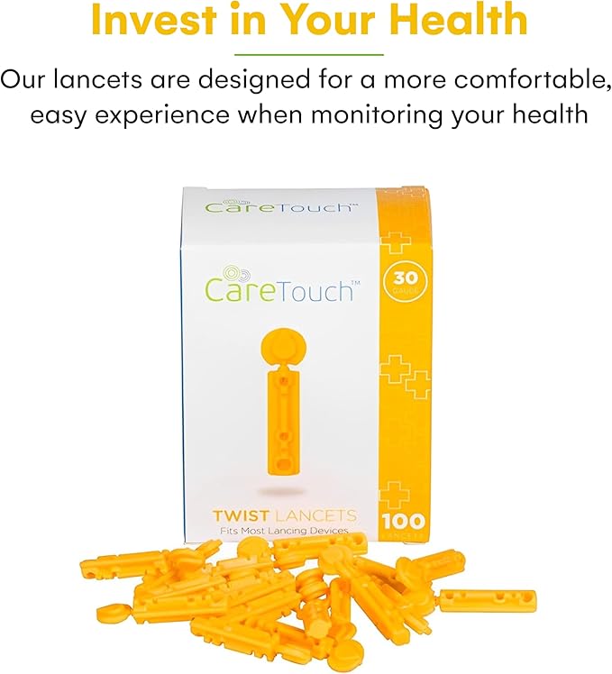 Care Touch Pack of 100, Twist Top Lancets 30 Gauge - Single Use Blood Sugar Lancets with Smooth Tri-Beveled Tip for Diabetes Testing - Disposable Glucose Lancet for Daily Blood Sugar Monitoring