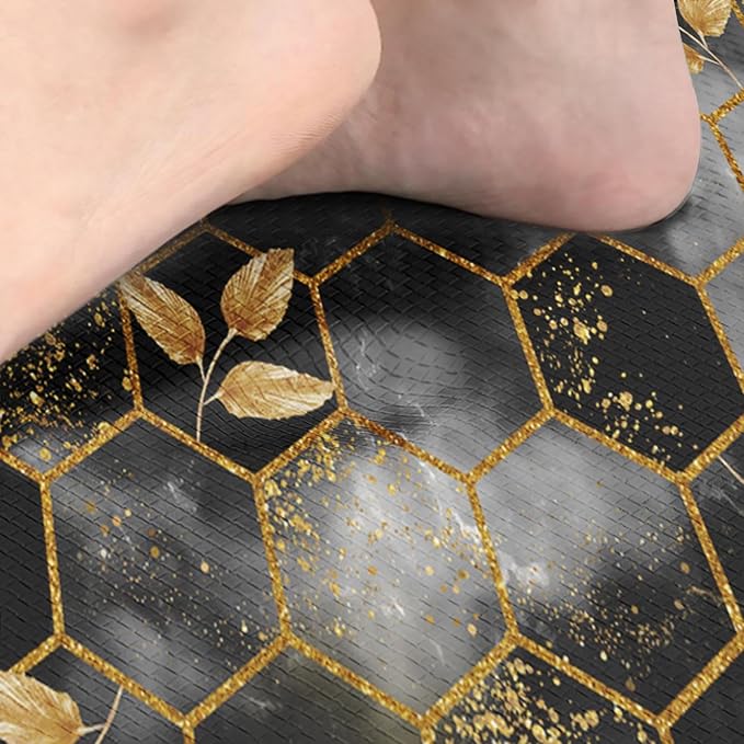 Arttown Marble Anti-Fatigue Kitchen Rug Set of 2 Black Gold Honeycomb Vintage Geometric Cushioned Floor Standing Mat Waterproof Non-Slip Kitchen Mat and PVC Ergonomic Comfort Foam Rug