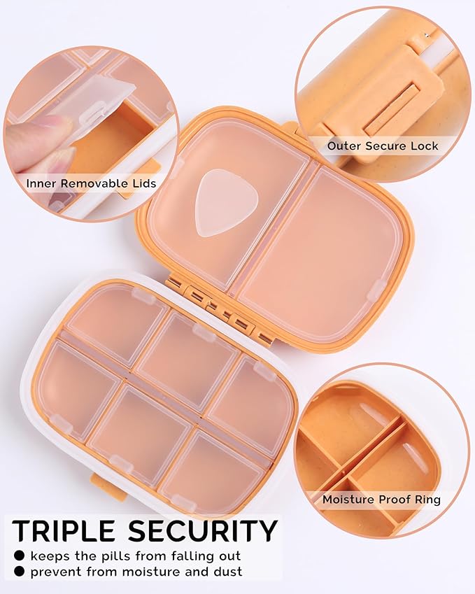 8 Compartments Travel Pill Organizer Box Moisture Proof Small Pill Case for Pocket Purse Daily Pill Holder Container for Medicine Vitamin (Dark Blue & Yellow, 2 Pack)