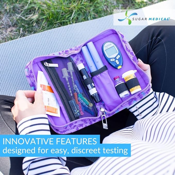Sugar Medical Diabetes Supply Case | Medical Supplies Travel Bag | Glucose Meter Organizer | Diabetic Care Products | Glucometer Kit (Purple Leopard)