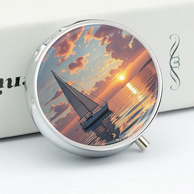 Sailboat and Sunset Pill Box Travel Pill Case for Purse Pocket Weekly Medicine Organizer with Mirror 3 Compartment Round Medicine Case Portable PillcaseHolder for Daily
