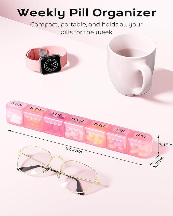 Daviky Weekly Pill Organizer, Large 7 Day Pill Box, Travel Pill Case, Daily Pill Dispenser for Vitamins, Medicines, Supplements, and Fish Oil(Pink)