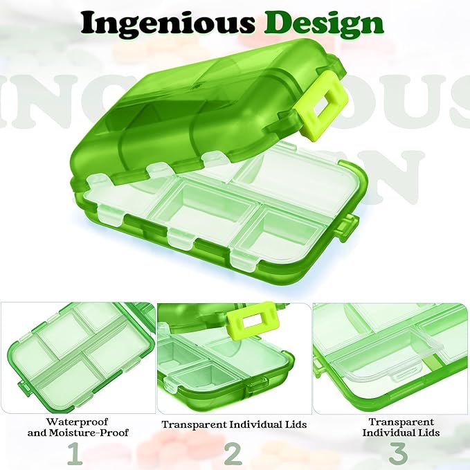 Meekoo 8 Pcs Travel Pill Organizer Pocket Portable Pill Case Daily Container Small Container Medicine Travel with 10 Compartments for Purse Fish Oil Medicine(Green)
