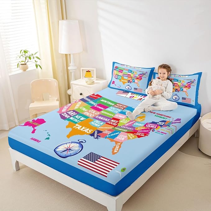 Feelyou Full Size Bed Sheet Set 3Pcs, Educational Map Fitted Sheet for Kids, World Geography Bedding Set Learning Educational Bed Cover Set
