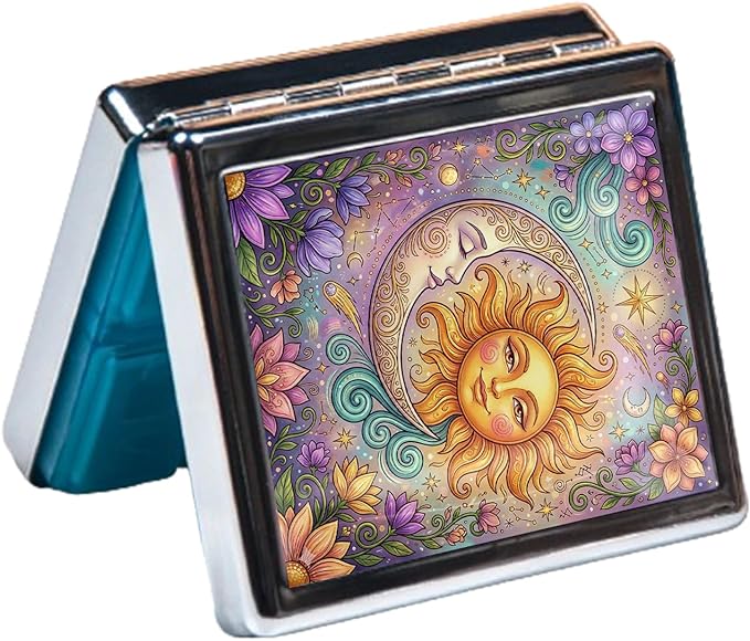 Metal 7 Day Pill Organizer, Weekly Pill Case with 8 Compartments, Travel Pill Box for Purse & Pocket, Small Medicine & Vitamin Organizer with PP Dividers (Celestial Sun & Moon)