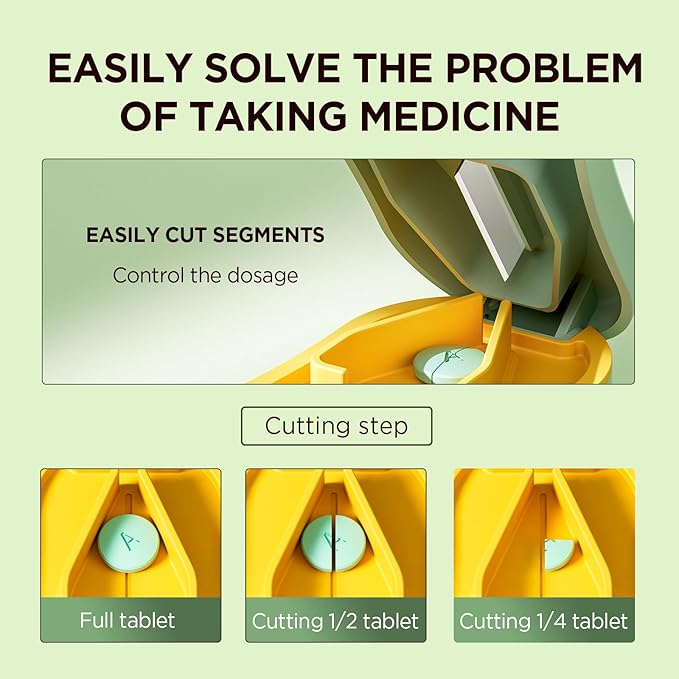 Pill Cutter for Small and Tiny Pills - Pill Splitter with Detachable Silicone Pad - Easy Open Snap Button. Wrap-Around Blade Guard Prevents Cuts. Back Storage (Green)