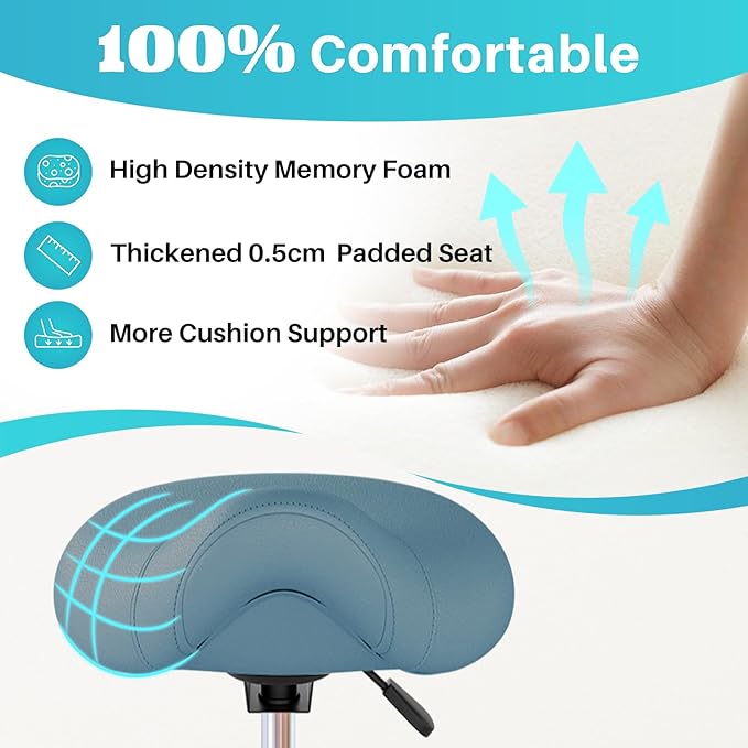 YEEZEE Saddle Stool Ergonomic- Comfortable Rolling Saddle Stool with Wide Thick Saddle Seat Padding, Swivel Adjustable Saddle Chair with Wheels and Ring Pedal for Medical Massage Salon (Blue)