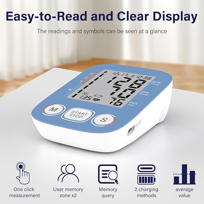 Blood Pressure Monitor, Automatic Upper Arm Blood Pressure Monitors for Home Use with Large Cuff, Blood Pressure Machines with 500 * 2 Sets Memories, Support 2 Users(Blue)