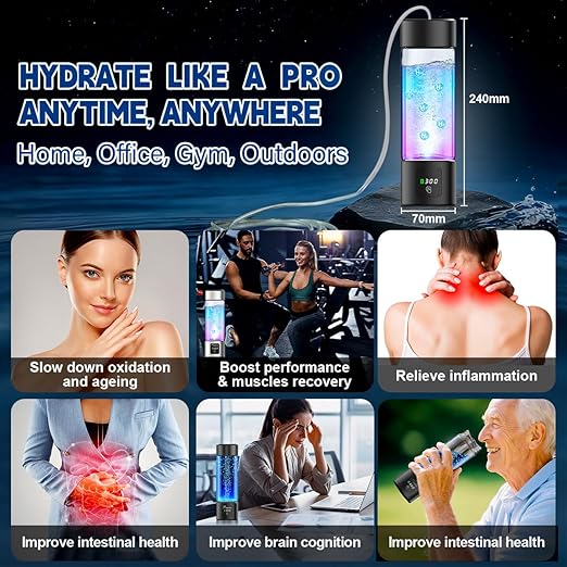 Hydrogen Water Bottle Generator - SPE/PEM Tech Hydrogen Water Machine - 6000 PPB Portable hydrohealth Water Bottle for Kidney Health Hydrogen Bottle with OLED Display (S Touch/Black)