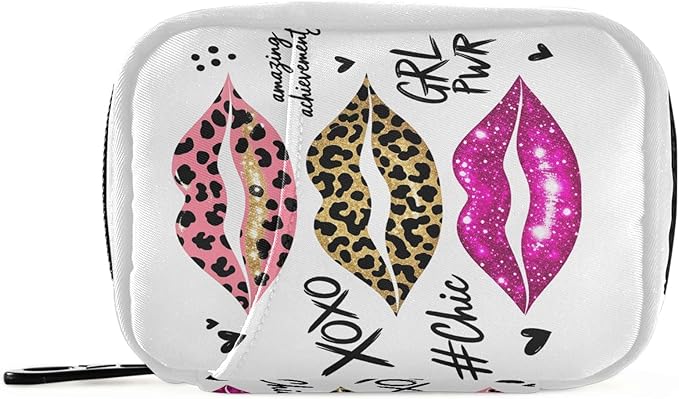 Glitter Leopard Lips Pill Organizer Case 7 Day Sexy Lips Shimmer Travel Pill Box with Zipper Portable Weekly Vitamin Medicine Supplement Holder Pouch Bag