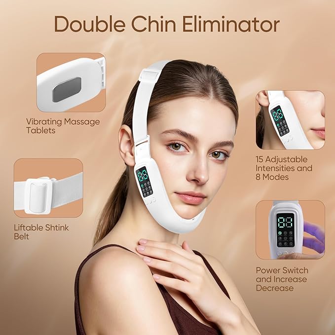 Electric Double Chin Device and V-Face Machine with 8 Modes and 15 Gear Adjustable Intensities - Intelligent Double Chin Machine for V-face