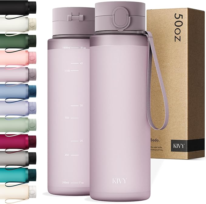 KIVY Slim Water Bottle 50oz with Leakproof Flip Lid [Lightweight & Shatterproof] Fits Backpack & Cupholder for Travel, Sports, School - Extra large water bottle no straw - 1.5 Liter water bottles