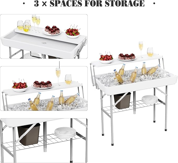Allpop 2 Tiers Folding Ice Cooler Table with Matching Skirt, Portable Party Table with Grid Rack & Drain Hose for Patio Picnic Camping Wedding, White