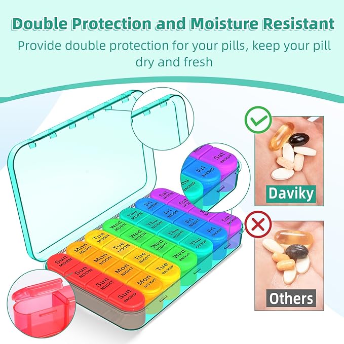 Daviky Pill Organizer 4 Times a Day, Weekly Pill Box Travel Pill Case, Daily Medicine Organizer 7 Day, Large Pill Container Holder to Hold Vitamins, Pills, Supplements (Cyan)