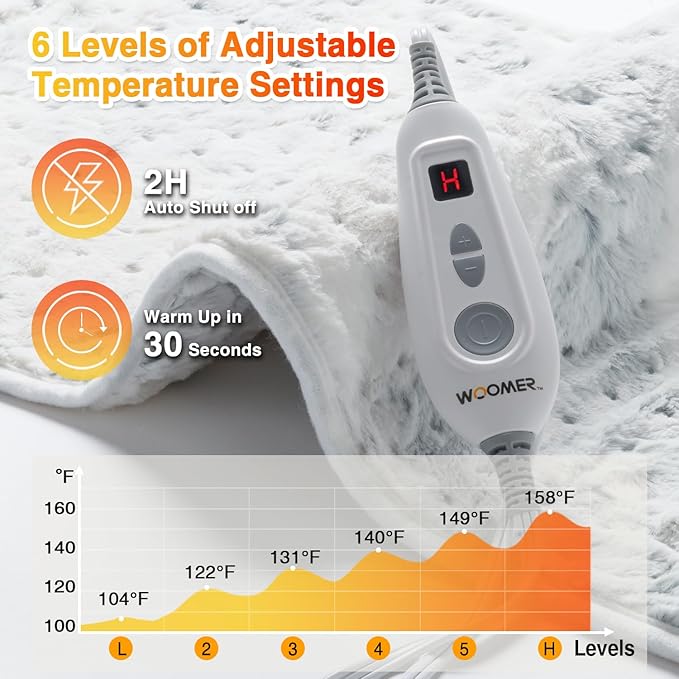 Woomer Heating Pad for Back Pain Relief, Extra Large Electric Heating Pad for Period Cramps, Moist&Dry Options, 6 Heat Setting, 2H Auto-Off, Cozy Faux Fur, 20” x 24”, Marble Blue