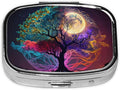 Magic Fantasy Tree Moon Art Print Square Metal Pill Box with 2 Compartment for Pocket or Purse Travel Bag Small Size 2.2 inche