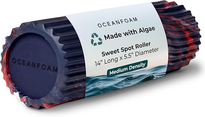 Oceanfoam Sweet Spot Medium Exercise Foam Roller 14"x5.5" – Medium Density Travel Foam Roller for Physical Therapy, Deep Tissue Massage, Yoga, Pilates, Wave Texture (Dark Navy, Red & Natural Marbled)