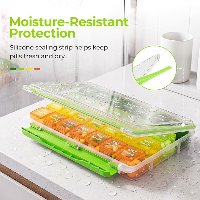 AUVON Moisture-Proof Monthly Pill Organizer, Large 28 Days Pill Box Case with Removable 4 Weeks Medication Organizer Rows, Travel-Friendly to Store Fish Oils, Vitamins, Supplements, Medications