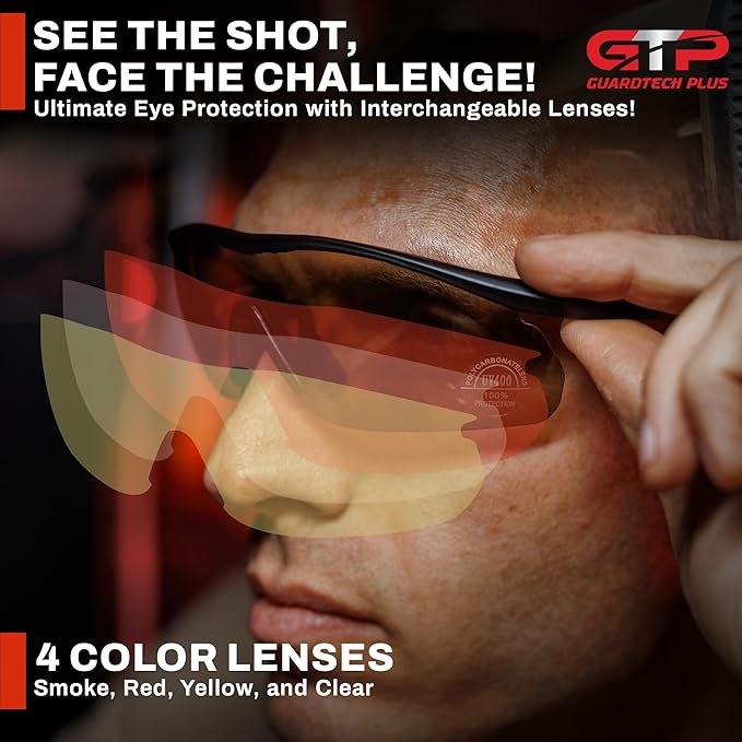 GuardTech Plus Shooting Glasses for Men and Women - ANSI Z87.1 Interchangeable Eye Protection - Shooting Safety Gear - 100% UV, Anti-Fog, Anti-Scratch Swappable Lenses Firing Range Glasses
