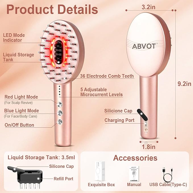 3-in-1 Electric Scalp Massager with Hair Oil Applicator, Red & Blue Light Modes, Vibrating Massage Tool for Scalp/Face/Body Relaxation, Portable Scalp Massager Brush for Travel (Rose Gold)