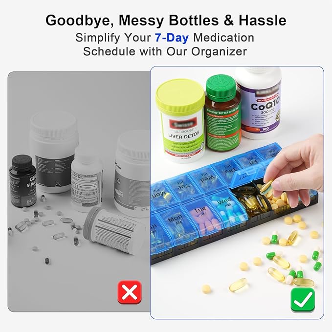 XL Large Weekly Pill Organizer 2 Times a Day, Extra Big 7 Day Pill Box Am Pm, Daily Pill Case Medicine Organizer with 14 Compartments, Day Night Pill Container for Fish Oils, Vitamin, Supplement